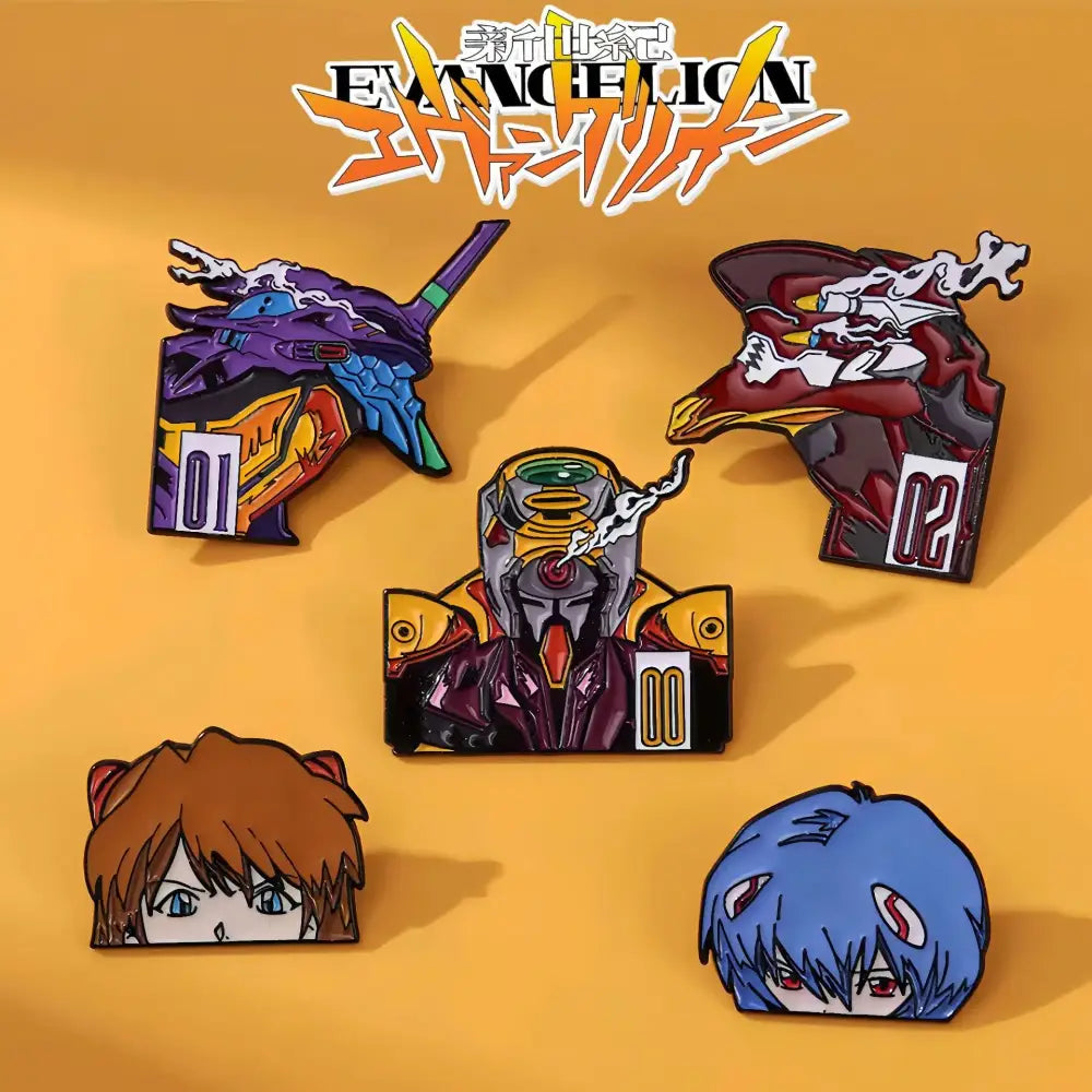 Set of five colorful kawaii enamel pins featuring rei ayanami and mecha designs from the rei ayanami enamel pin set