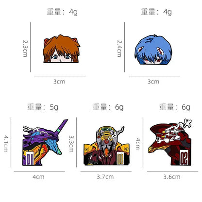 Set of five rei ayanami enamel pins with vibrant colors and metallic finishes in an anime-themed pin set