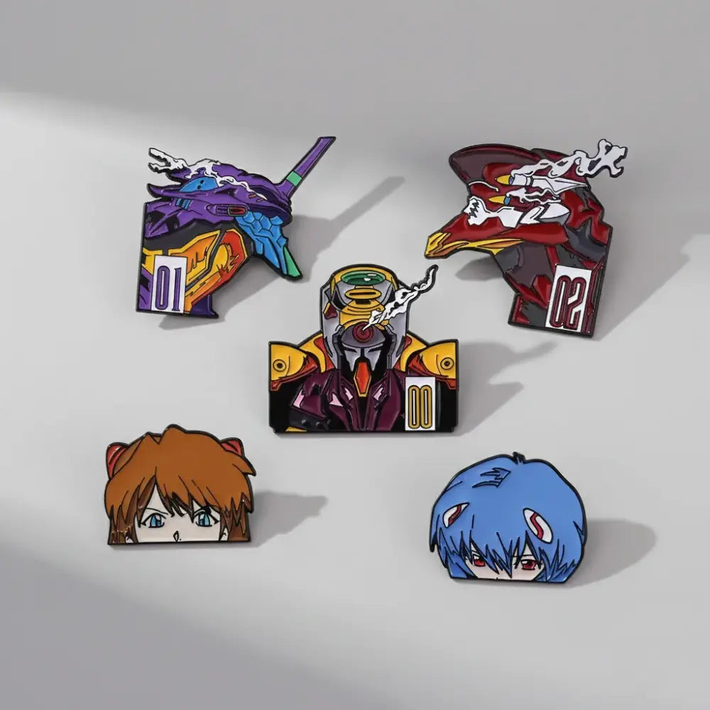 Set of five colorful evangelion rei ayanami enamel pins featuring characters and mecha designs in vibrant hues