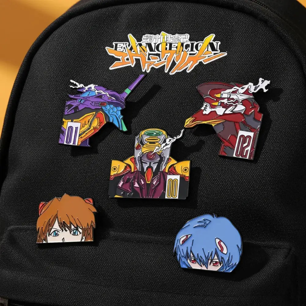 Set of five colorful evangelion rei ayanami enamel pins featuring unit-01, unit-02, and three pilots designs
