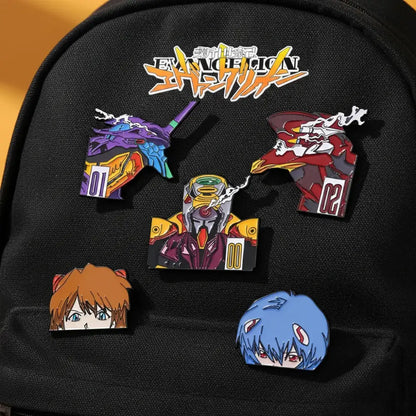 Set of five colorful evangelion rei ayanami enamel pins featuring unit-01, unit-02, and three pilots designs
