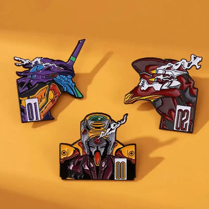 Three colorful enamel pins featuring evangelion units 01 02 and 00 from the evangelion rei ayanami enamel set