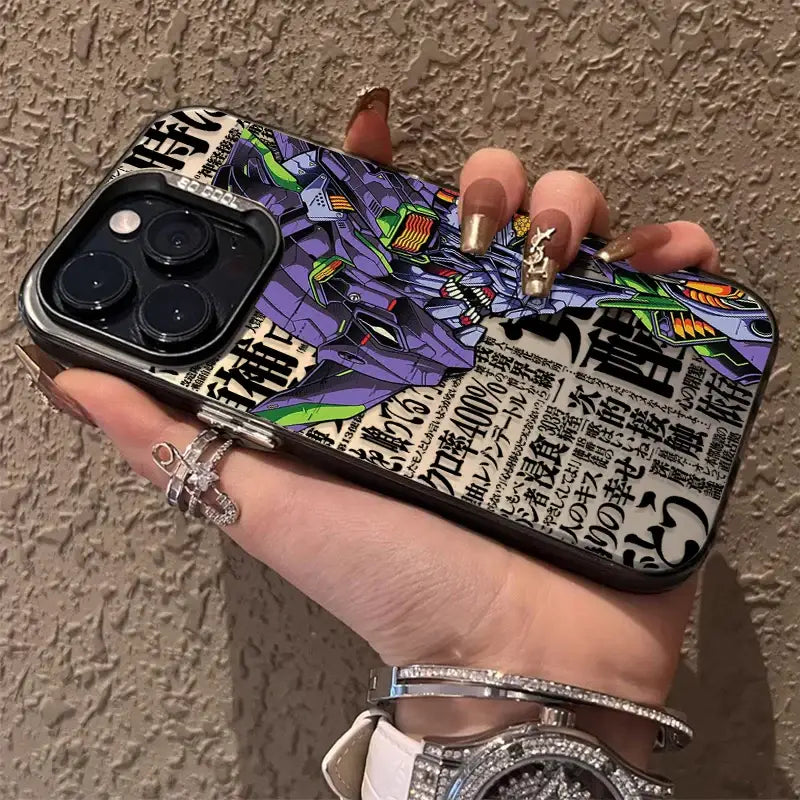 Back of a vibrant purple and green evangelion rei ayanami phone case plating shell with bold black japanese text and glossy finish