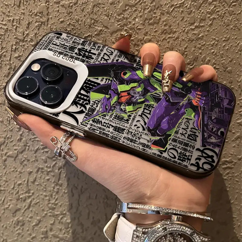 Back of purple and green evangelion rei ayanami phone case with black japanese text plating shell design