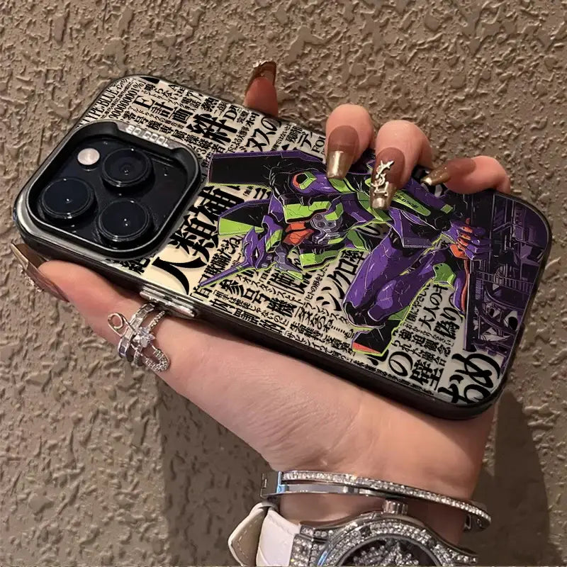 Black plating shell phone case featuring vibrant purple and green evangelion rei ayanami design with Japanese text on cream background