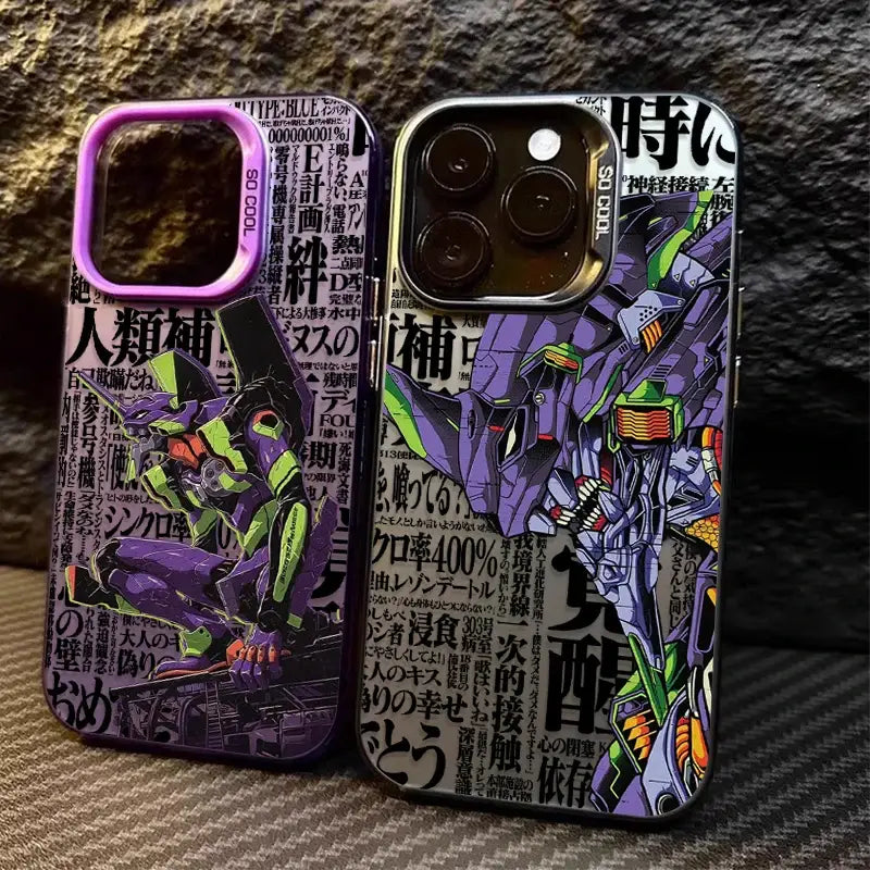 Back side of a purple and green evangelion rei ayanami plating shell phone case with newspaper collage design