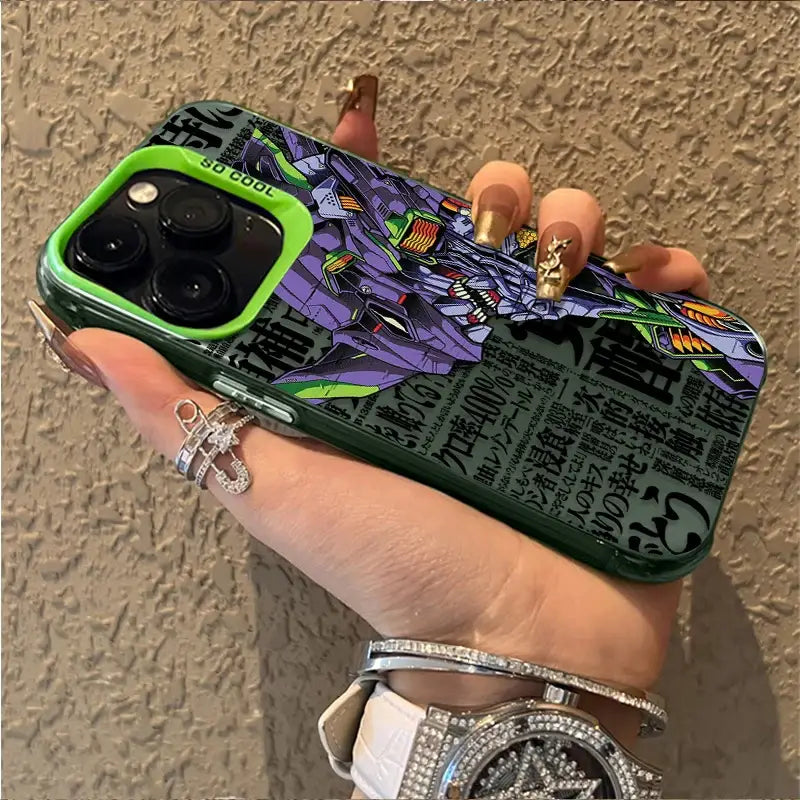 Vibrant green evangelion rei ayanami plating shell phone case with purple robot design japanese text and neon accents back side