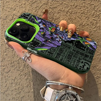 Vibrant green evangelion rei ayanami plating shell phone case with purple robot design japanese text and neon accents back side
