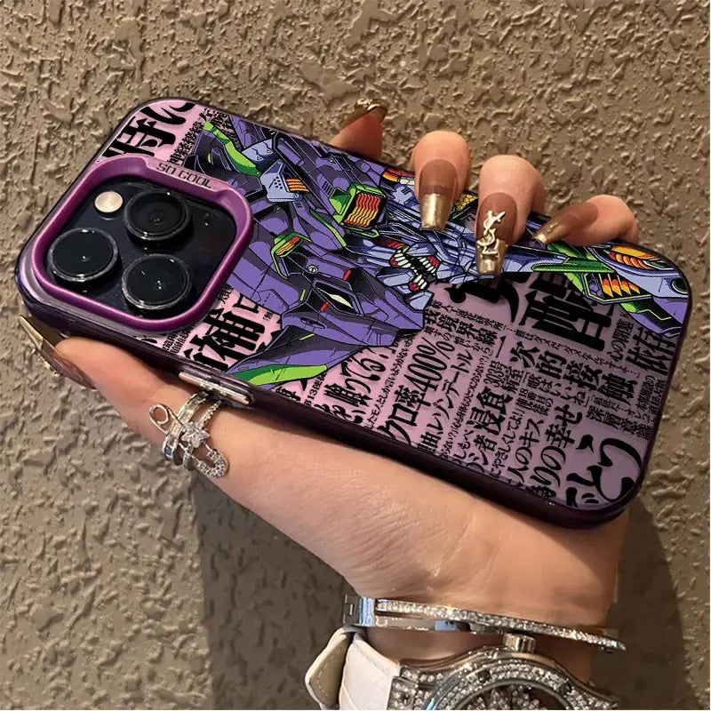 Back of purple and black plating shell phone case featuring vibrant evangelion rei ayanami mecha design with green highlights