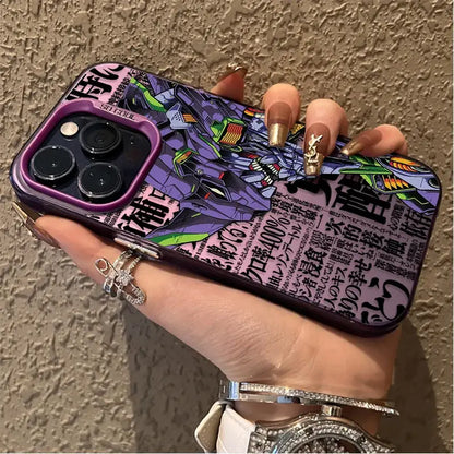 Back of purple and black plating shell phone case featuring vibrant evangelion rei ayanami mecha design with green highlights