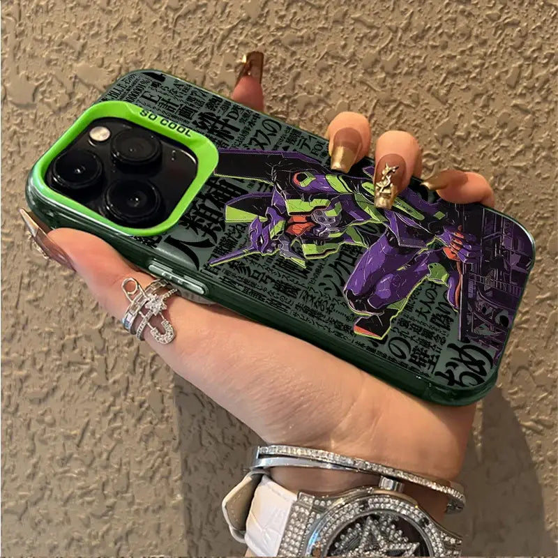 Green evangelion rei ayanami phone case plating shell with vibrant purple and neon green robot design and japanese text on back