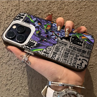 Vibrant purple and green evangelion rei ayanami phone case plating shell with bold japanese text on the back side