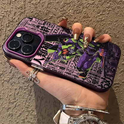 Back side of a purple and green evangelion rei ayanami plating shell phone case with japanese text design