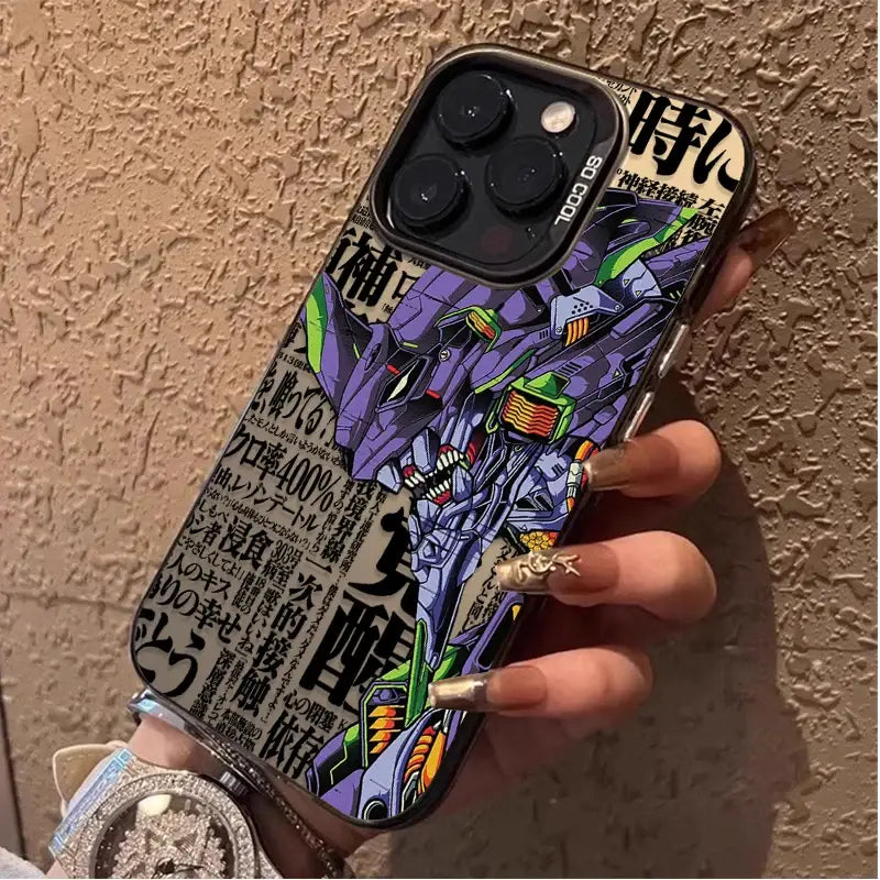 Evangelion rei ayanami phone case plating shell with vibrant purple and green design and bold japanese text on the back