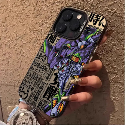 Evangelion rei ayanami phone case plating shell with vibrant purple and green design and bold japanese text on the back
