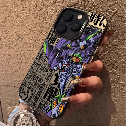 Evangelion rei ayanami phone case plating shell with vibrant purple and green design and bold japanese text on the back