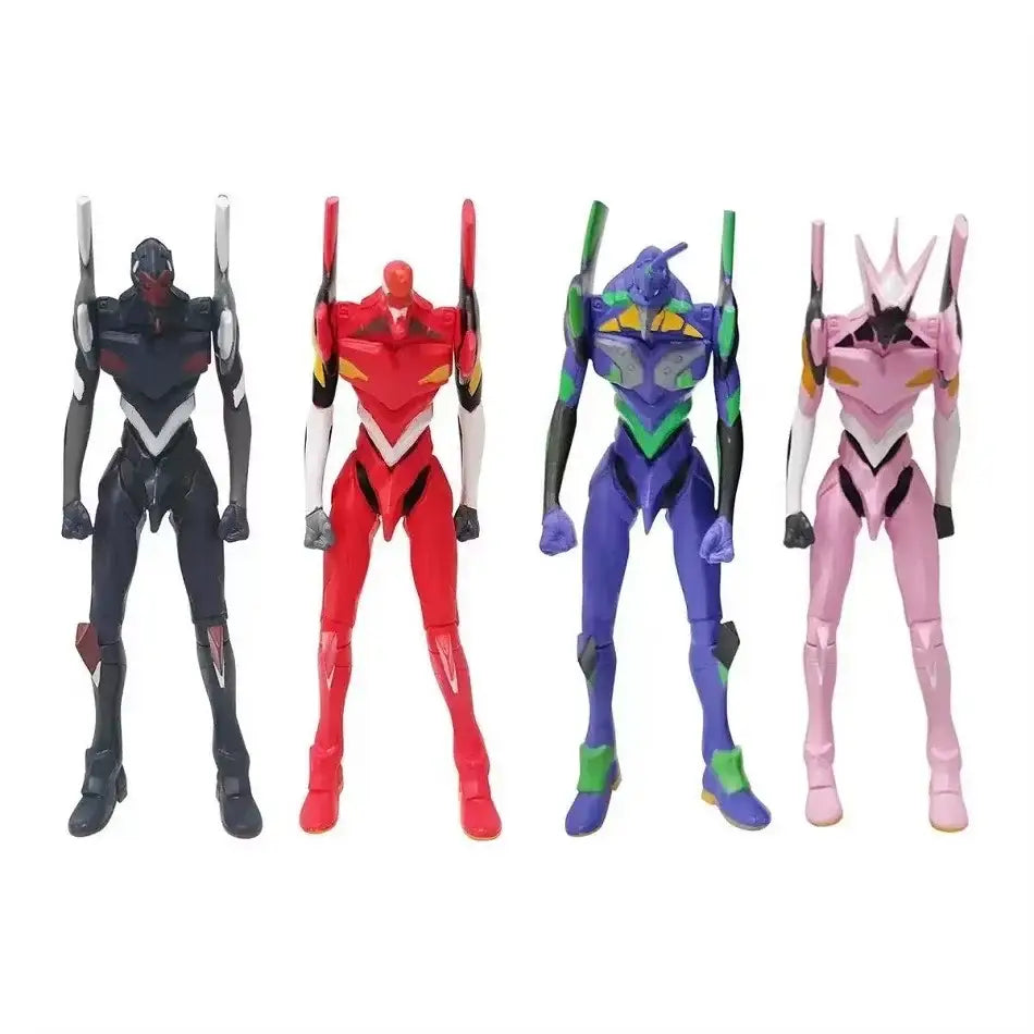 Four evangelion rei ayanami pvc figures in black and white, red and yellow, blue green, and pink with joint mobility