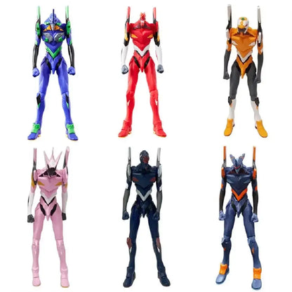 Six colorful evangelion unit action figures with detailed armor showcasing rei ayanami pvc figure joint mobility design