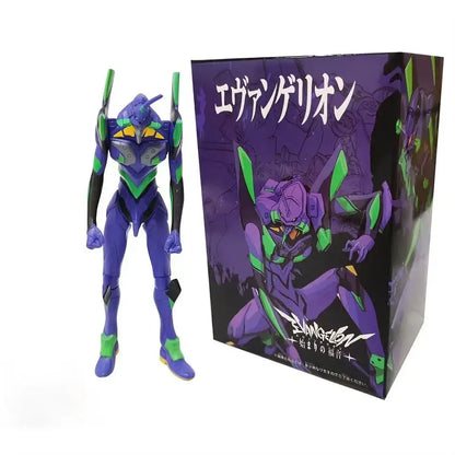 Evangelion rei ayanami purple and green pvc action figure with 17cm joint mobility standing beside packaging
