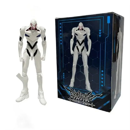 White evangelion unit-01 action figure with black and red accents next to blue evangelion rei ayanami pvc figure packaging