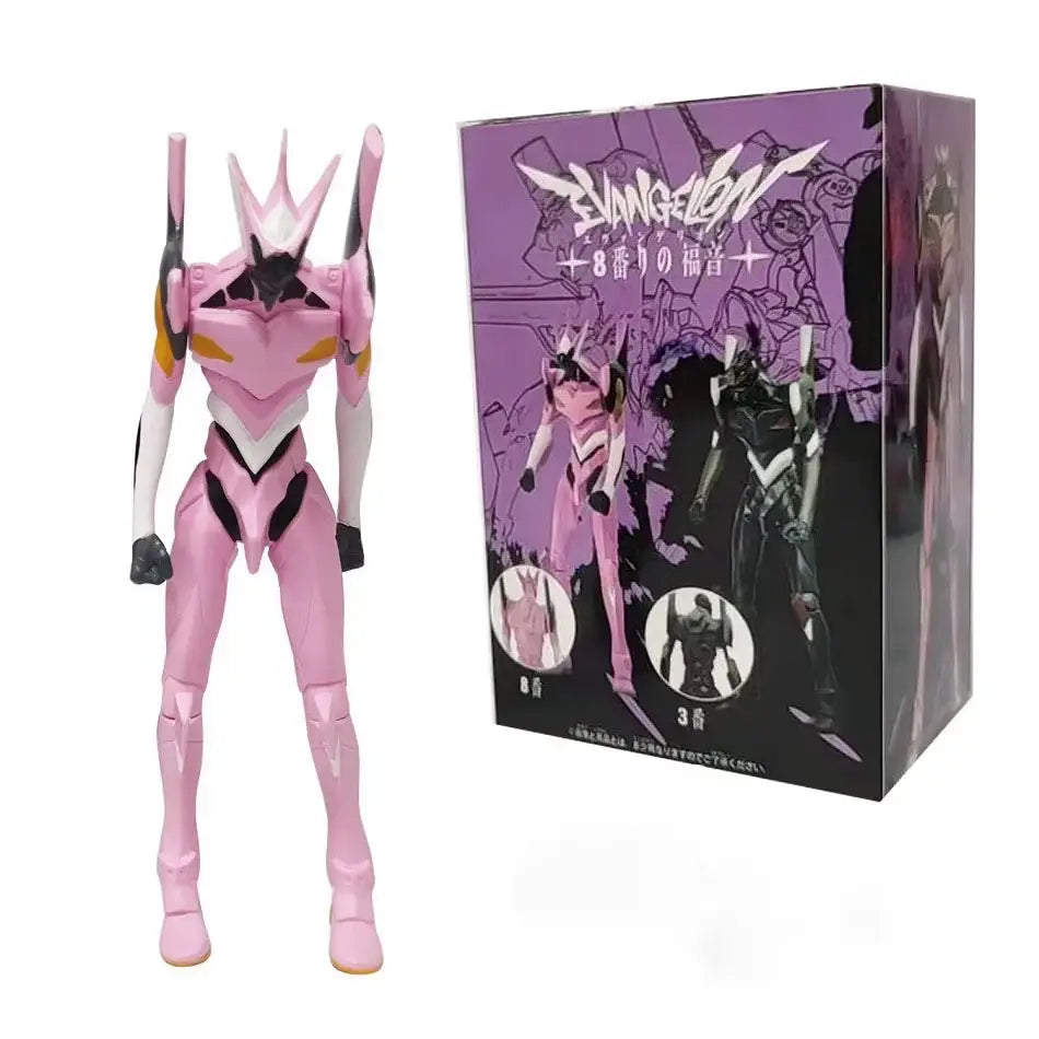 Pink and white evangelion rei ayanami pvc figure 17cm with joint mobility standing beside packaging with black accents
