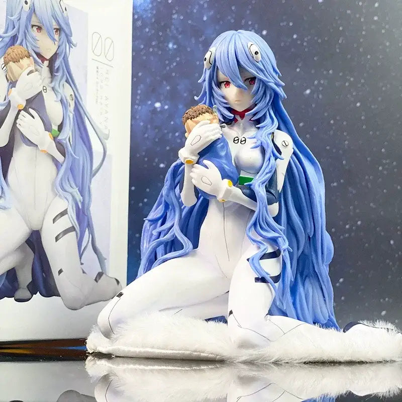 Evangelion rei ayanami pvc statue with blue hair kneeling pose in white and blue armored suit holding an object