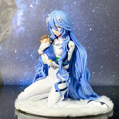 Rei ayanami pvc statue in kneeling pose with blue hair and white blue suit holding small object to chest