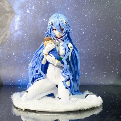 Evangelion rei ayanami pvc statue with blue hair kneeling pose in white and blue suit holding ice cream on fluffy base