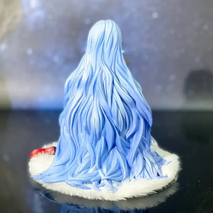 Delicate light blue rei ayanami pvc statue in long hair kneeling pose atop a fluffy white base