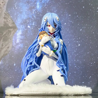 Evangelion rei ayanami pvc statue with blue hair and red eyes in kneeling pose wearing white and blue armor