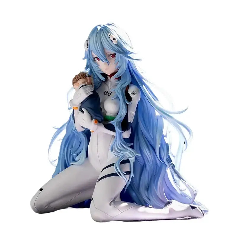 A detailed pvc statue of rei ayanami in a kneeling pose with long blue hair holding a small figure