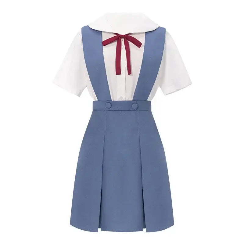 Blue pleated skirt with white blouse and navy suspenders with red ribbon tie rei ayanami school uniform dress