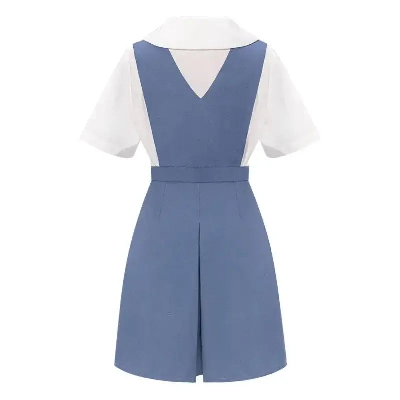 Blue sleeveless school uniform dress with white collared shirt pleated skirt and waist belt inspired by rei ayanami