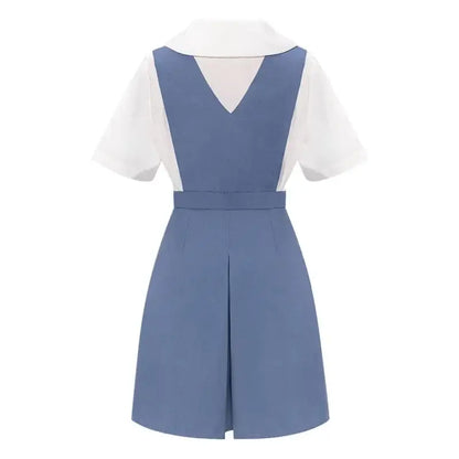 Blue sleeveless school uniform dress with white collared shirt pleated skirt and waist belt inspired by rei ayanami