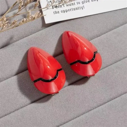 Vibrant red glossy teardrop clip-on earrings with sleek black accent for rei ayanami school uniform dress set