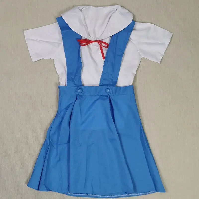 Blue rei cosplay dress with sailor style, white short sleeves, and red ribbon tie included with socks