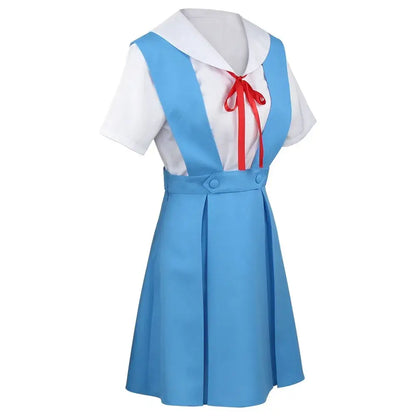 Light blue rei cosplay dress with white collar short sleeves and red ribbon tie included with socks