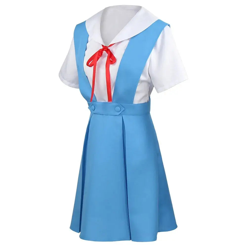 A light blue rei cosplay dress with white collar short sleeves and red ribbon paired with matching socks