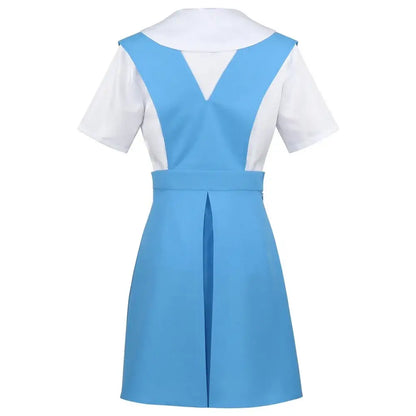 A light blue and white rei cosplay dress with v-neckline, fitted waistband, flared skirt, and included socks