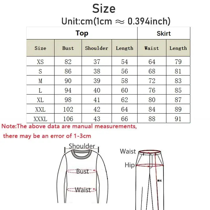 Size chart for rei cosplay dress with socks showing top and skirt measurements in centimeters from xs to xxxl