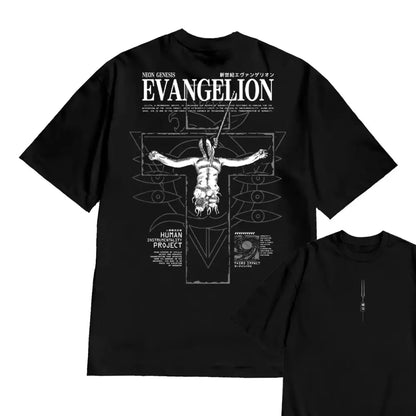 Black oversized fit short-sleeved t-shirt with white evangelion shinji ikari graphic 100% cotton material
