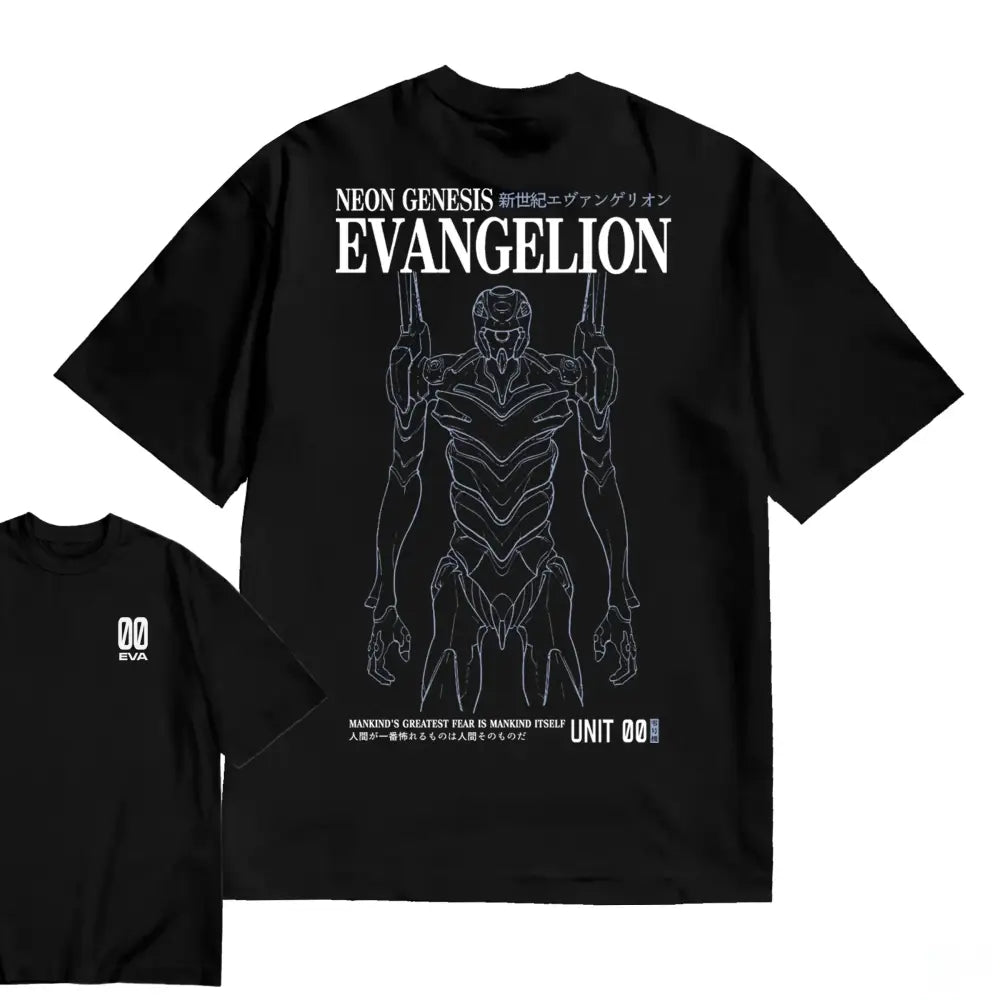 Black oversized fit short-sleeved t-shirt with white evangelion unit 00 line art text in 100% cotton