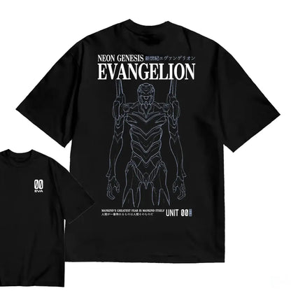 Black oversized fit short-sleeved t-shirt with white evangelion unit 00 line art text in 100% cotton
