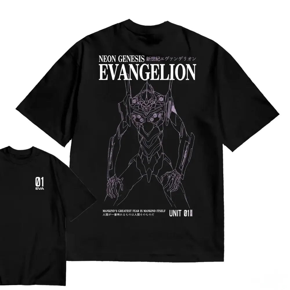 Black 100% cotton evangelion shinji oversized t-shirt with white line-art of unit 01 and neon genesis evangelion text