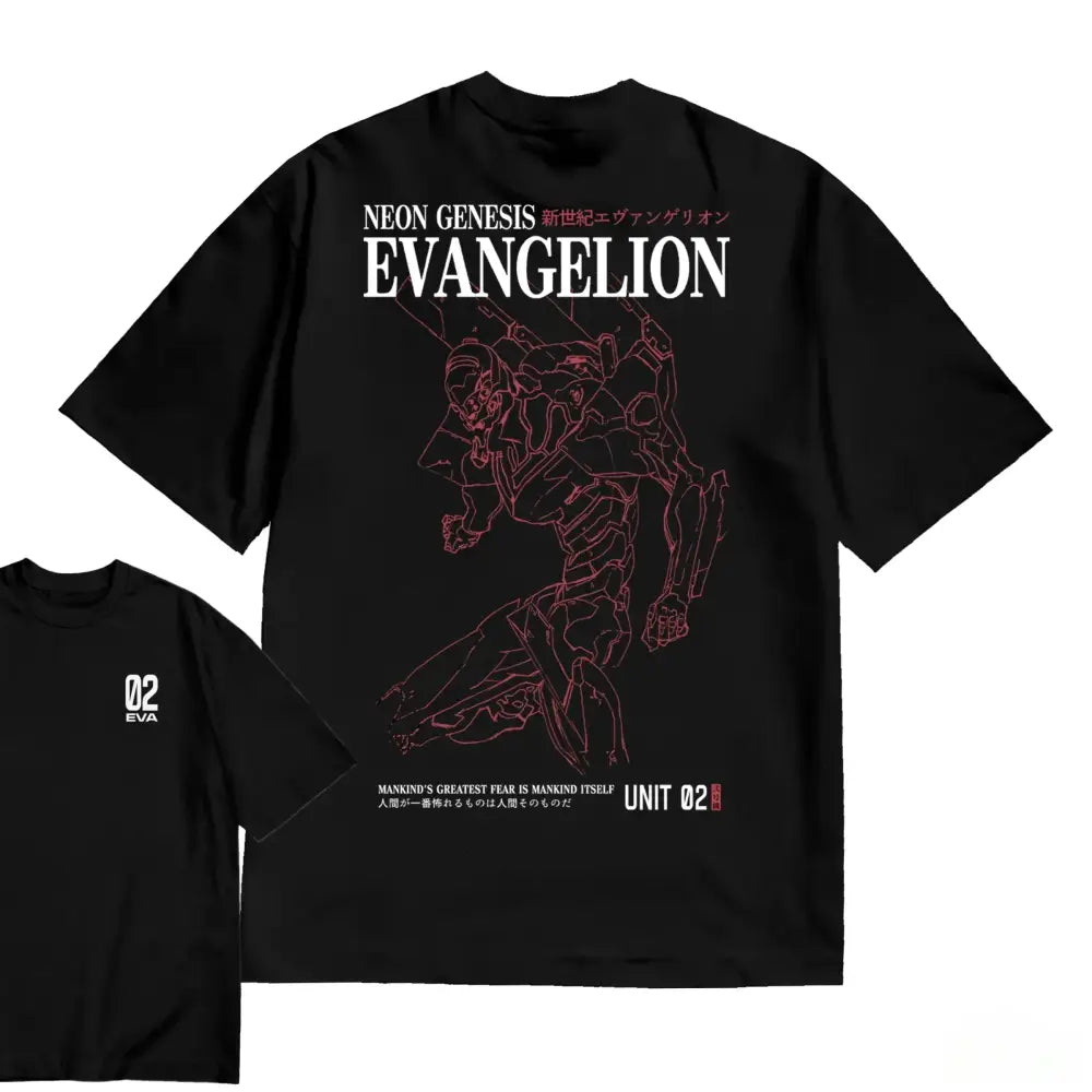 Black evangelion shinji oversized t-shirt with red unit 02 graphic white neon genesis evangelion text 100% cotton