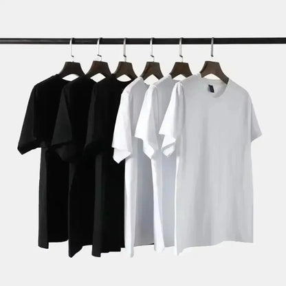 Three black and three white evangelion shinji oversized 100% cotton short-sleeved crew neck t-shirts on wooden hangers