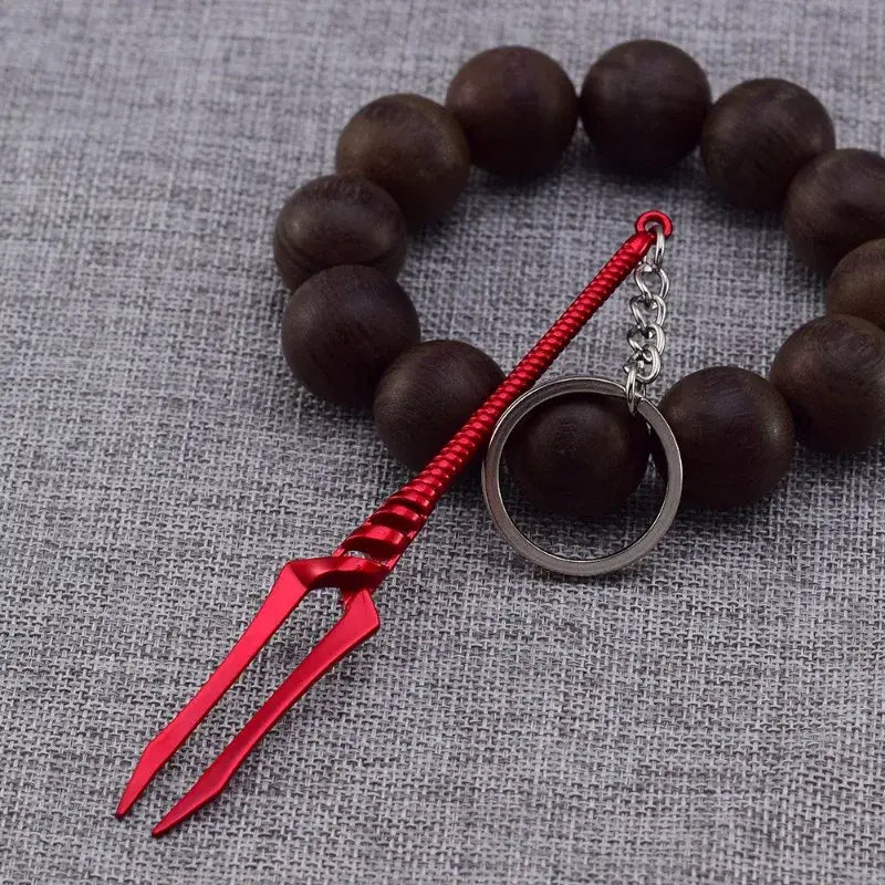 Red metallic fork-shaped evangelion spear of longinus 12cm pendant keychain with silver ring and dark wooden beads