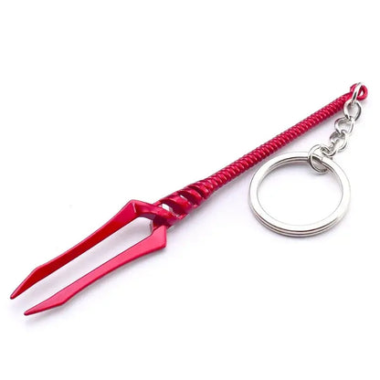 Red metallic evangelion spear of longinus keychain with twisted handle 12cm pendant and silver-toned ring