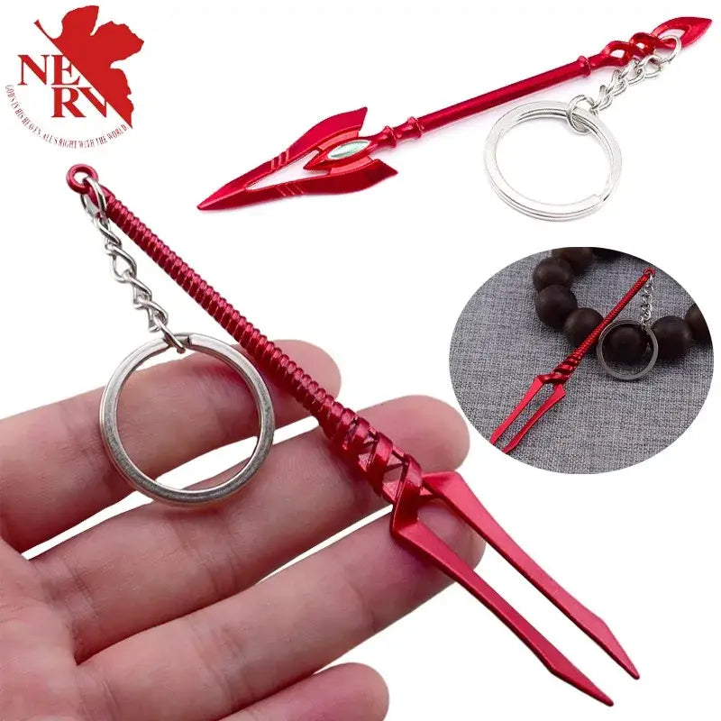 Red metallic evangelion spear of longinus pendant keychain with intricate detailing and silver ring 12cm pendant keychain