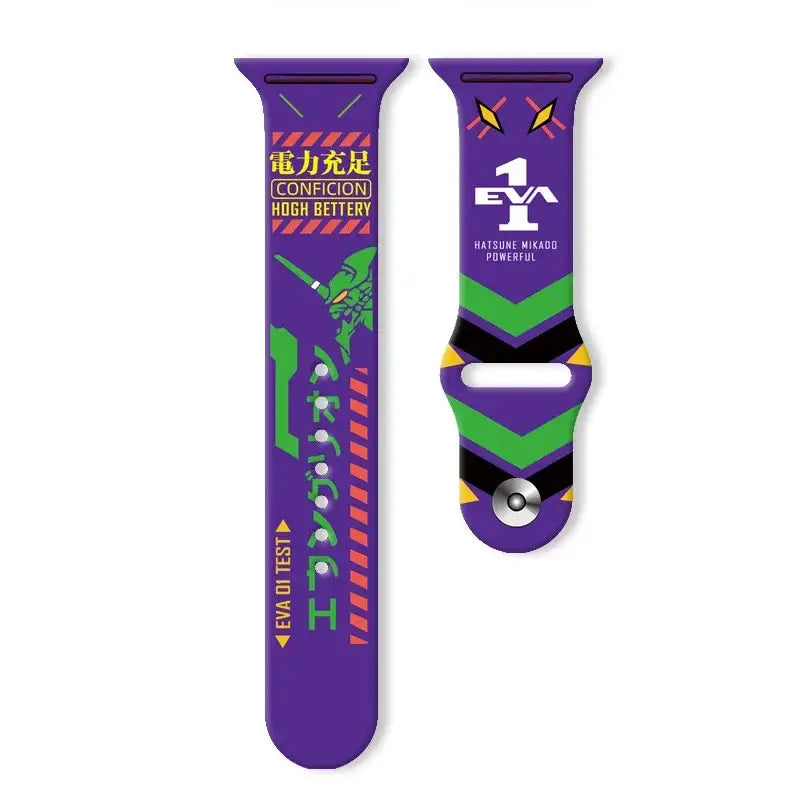 Purple silicone evangelion unit-01 apple watch strap with green black chevron patterns yellow accents and anime graphics